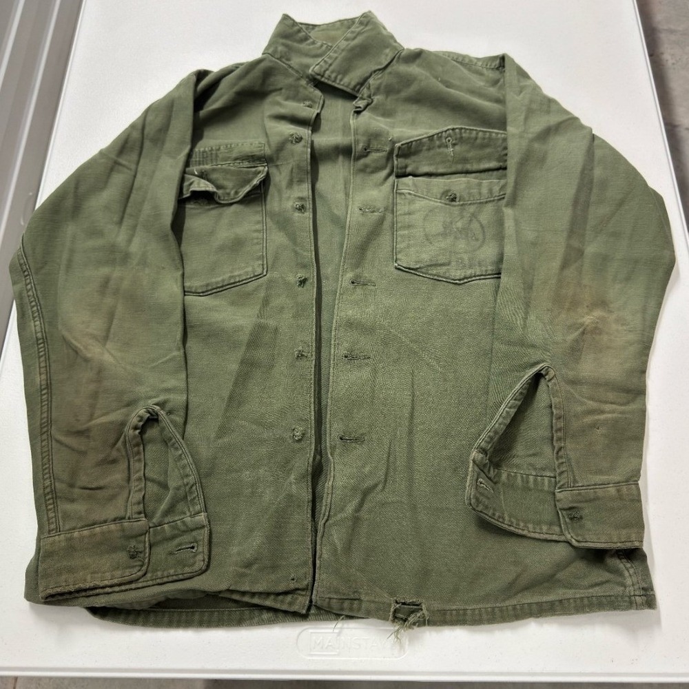 Vintage USMC Military Utility Shirt Olive Drab Green OG-107 Field Jacket Stencil